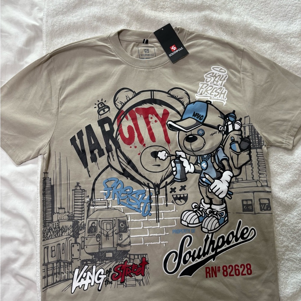South Pole Men’s Short Sleeve Graphic Tee - Beige with Red & Blue Accents